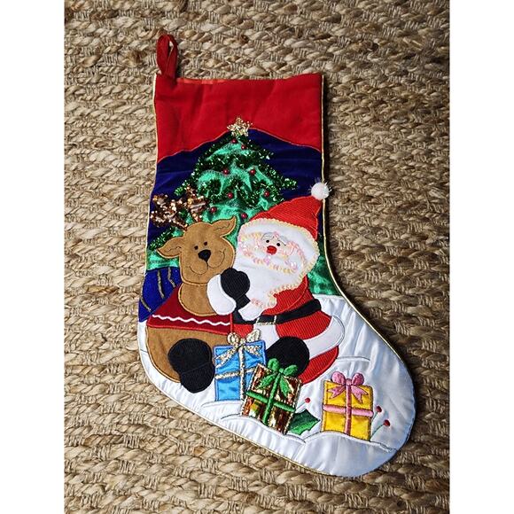 Vintage Christmas Stocking Santa Teddy Bear Presents Embroidered Sequins Beaded - Picture 1 of 8